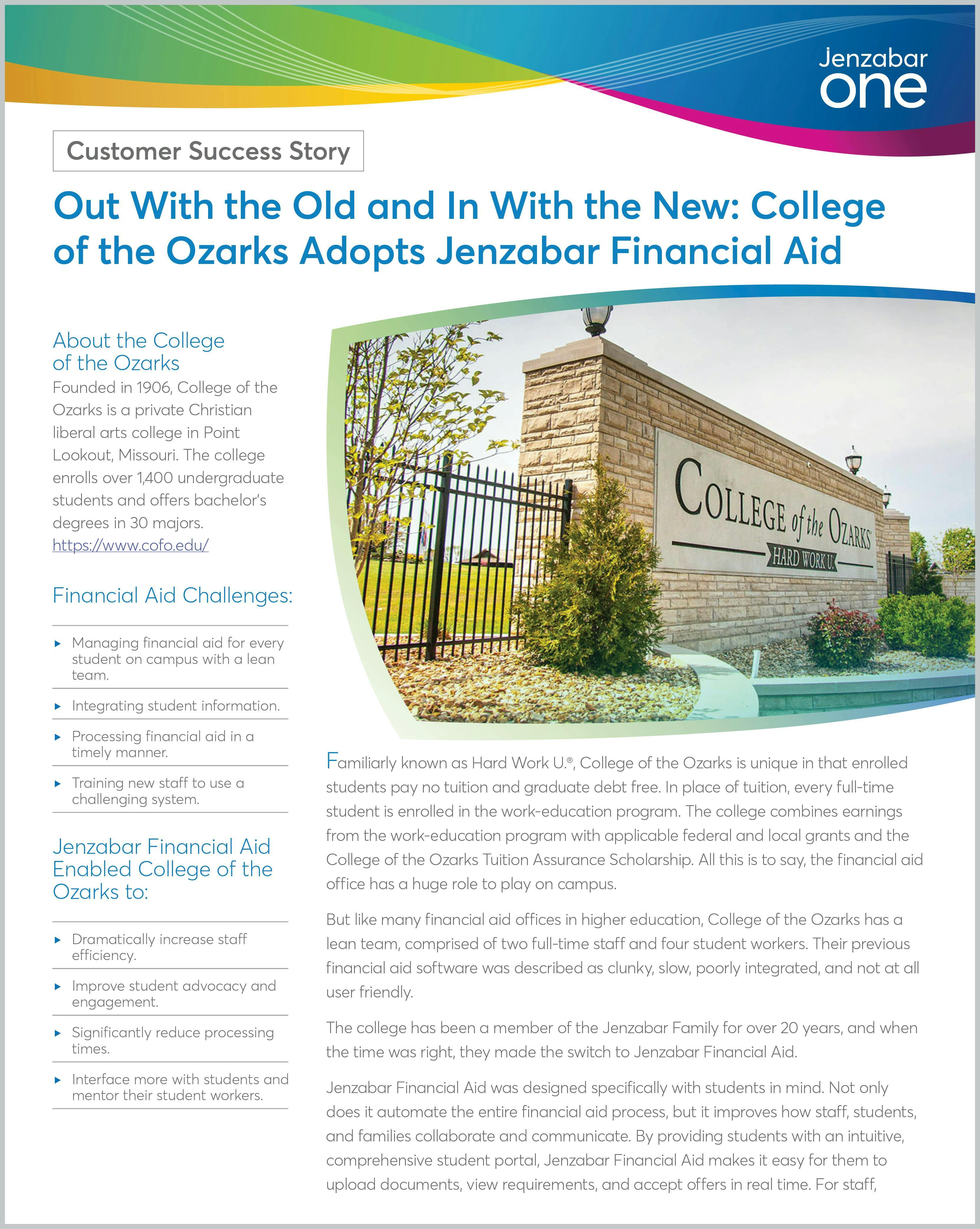 Out With the Old and In With the New: College of the Ozarks Adopts Jenzabar Financial Aid