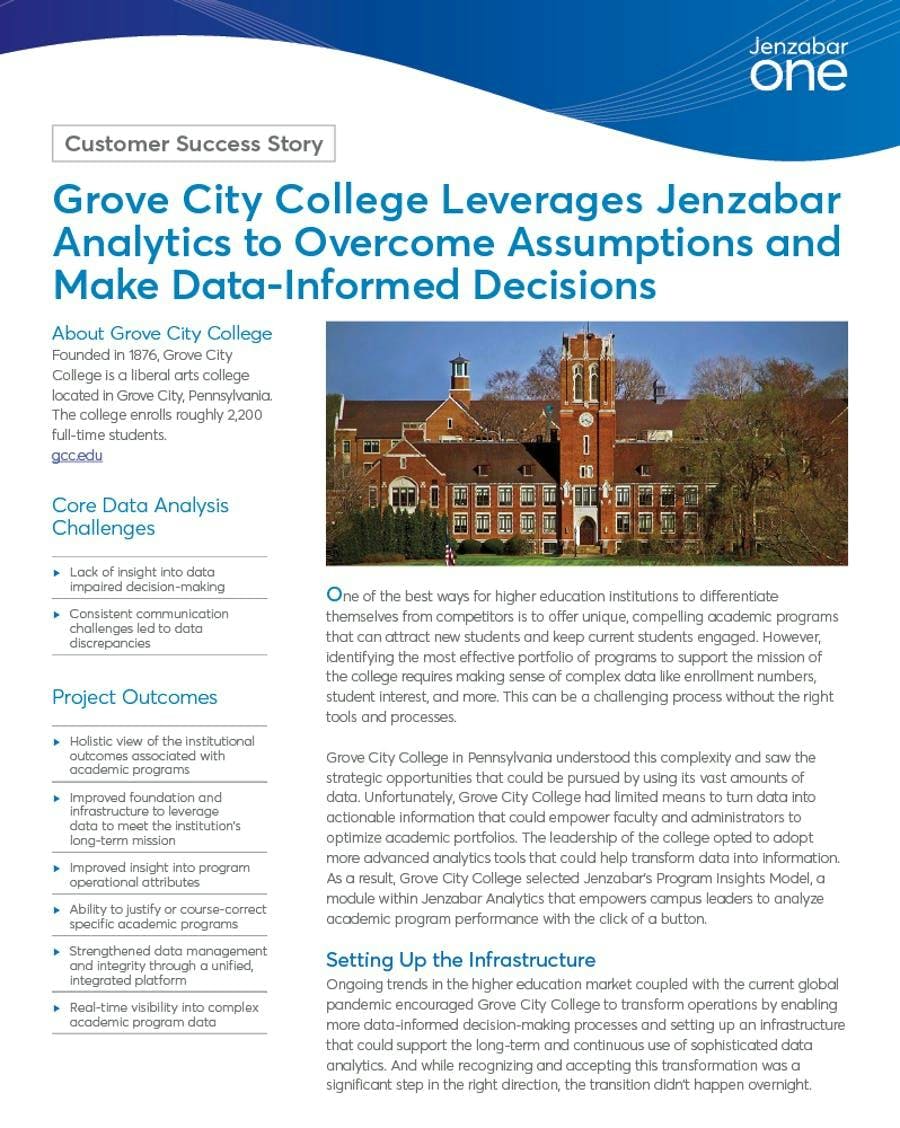 Grove City College Leverages Jenzabar Analytics to Overcome Assumptions and Make Data-Informed Decisions
