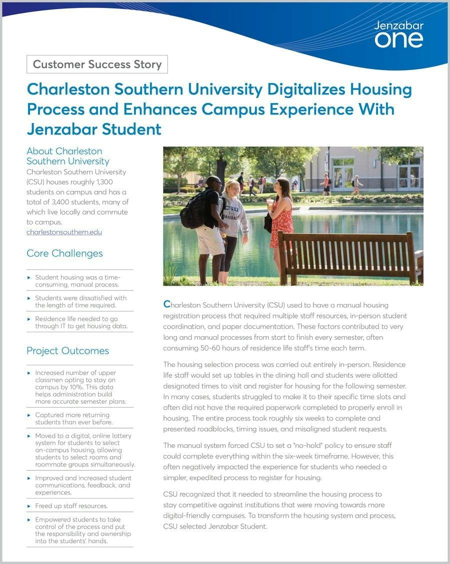Charleston Southern University Digitalizes Housing Process and Enhances Campus Experience With Jenzabar Student