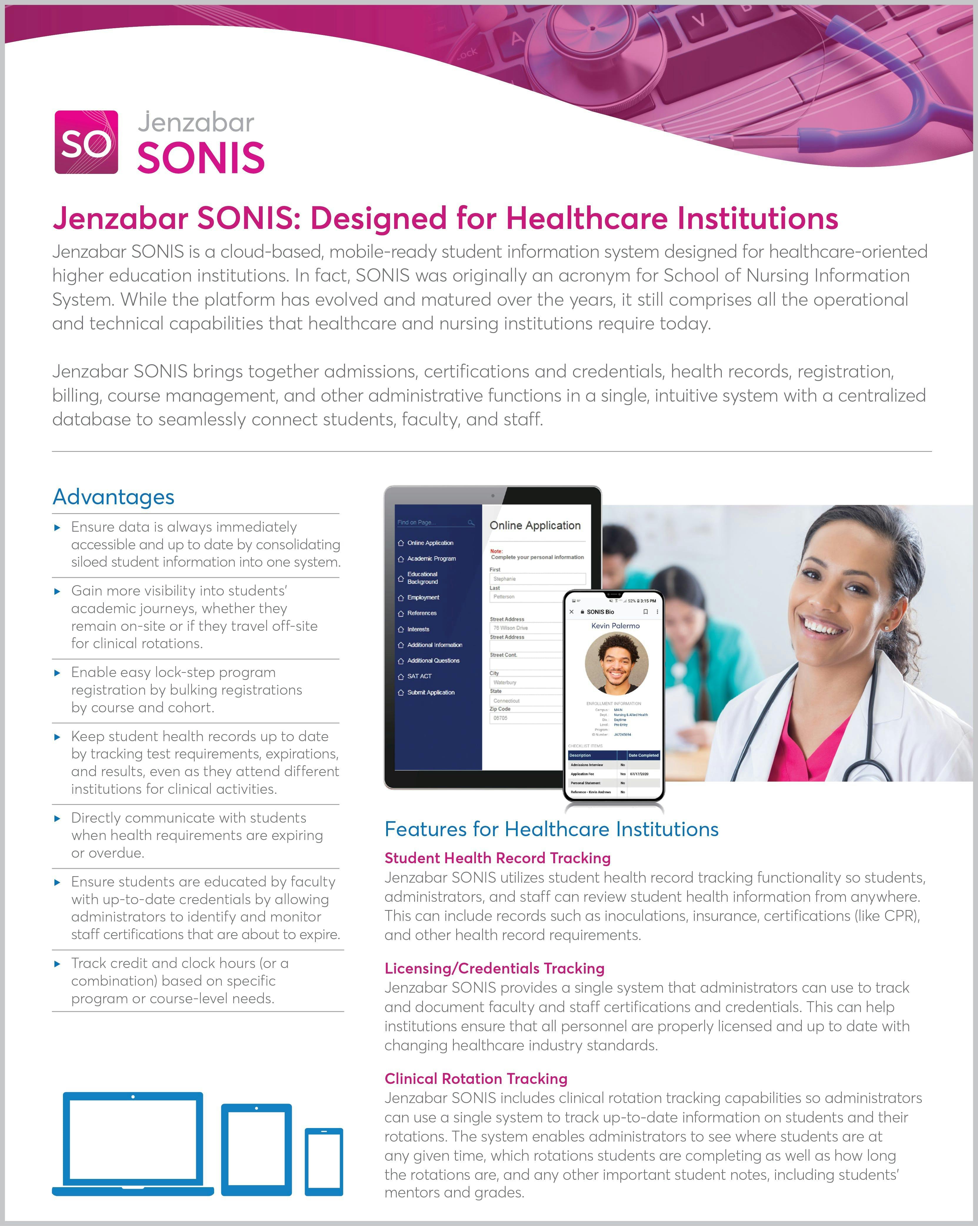 Product Sheet: Jenzabar SONIS for Healthcare Institutions