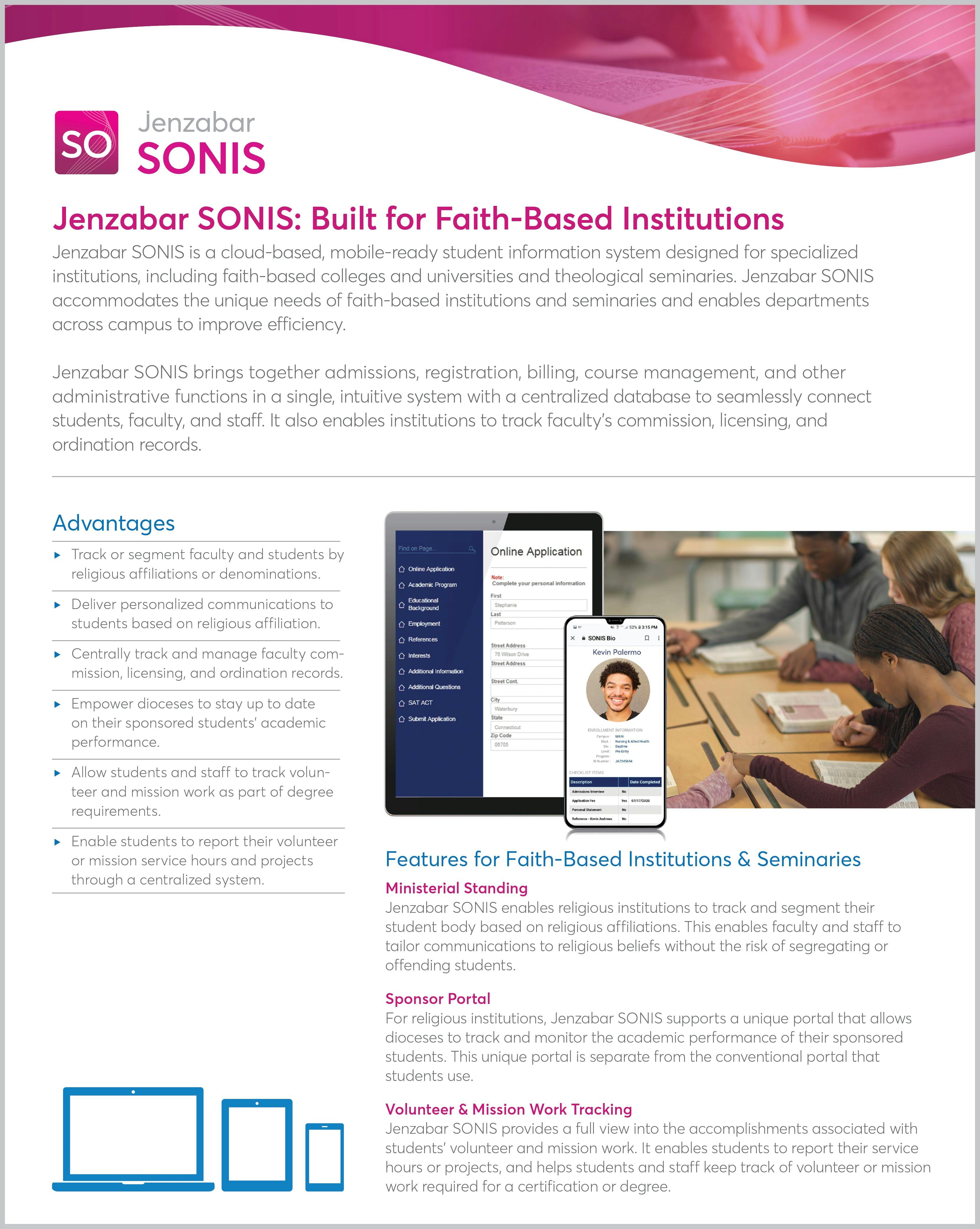 Product Sheet: Jenzabar SONIS for Faith-Based Institutions