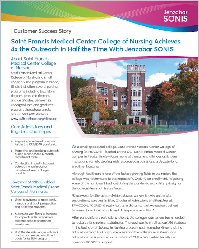 Saint Francis Medical Center College of Nursing Achieves 4x the Outreach in Half the Time With Jenzabar SONIS