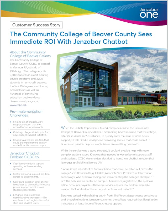 The Community College of Beaver County Sees Immediate ROI With Jenzabar Chatbot