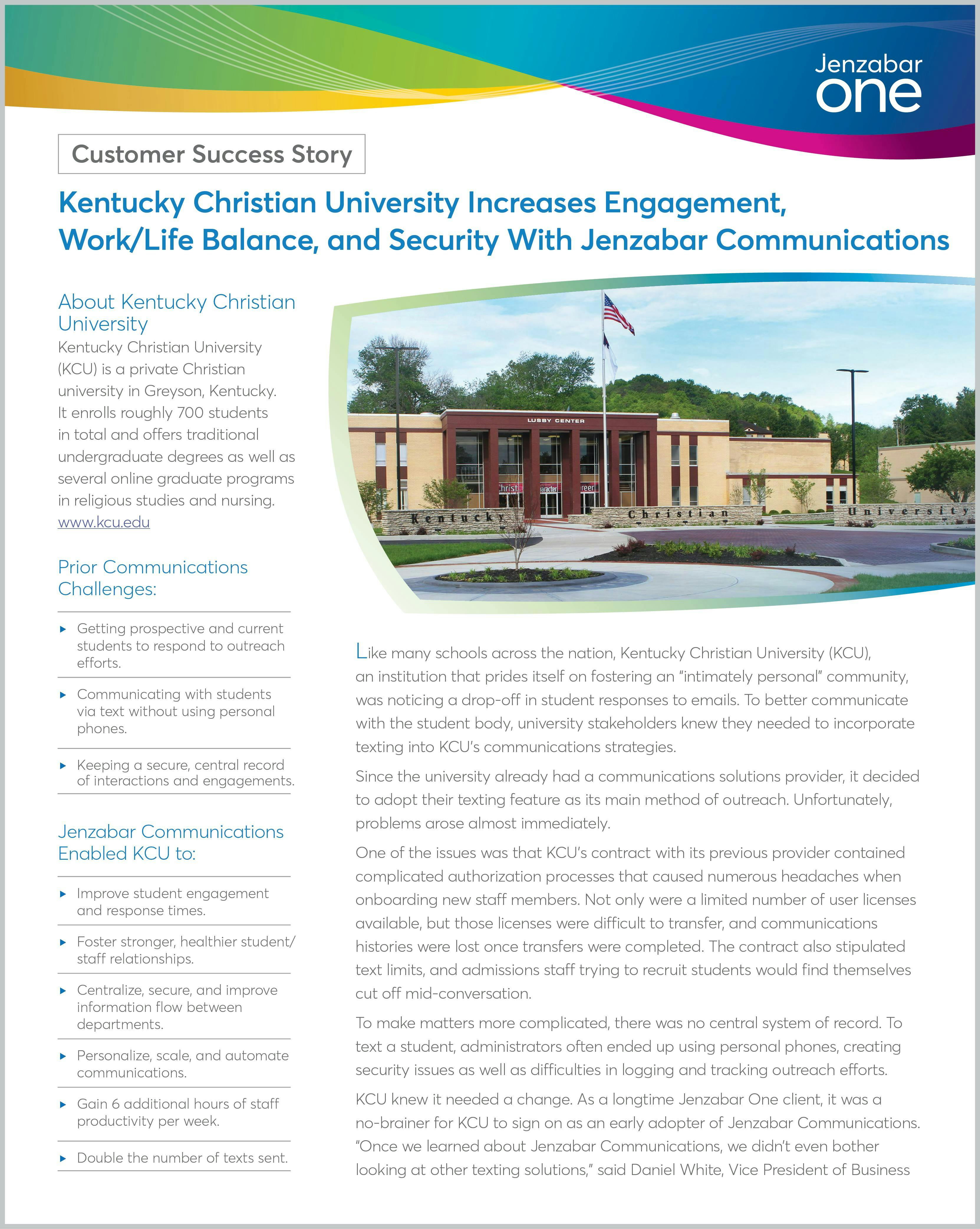 Kentucky Christian University Increases Engagement, Work/Life Balance, and Security With Jenzabar Communications