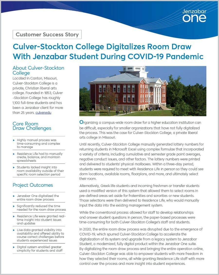 Culver-Stockton College Digitalizes Room Draw With Jenzabar Student During COVID-19