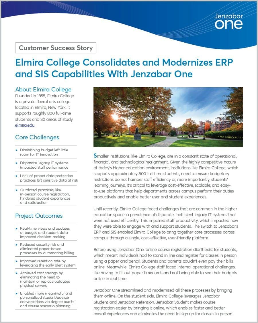 Elmira College Consolidates and Modernizes ERP and SIS Capabilities With Jenzabar One